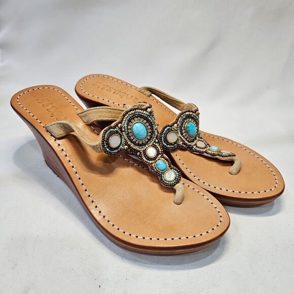 Mystique Womens Turquoise Mother of Pearl Leather Wedge Sandal Size 7 Resortwear - Picture 1 of 11